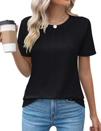 Womens Casual Crew Neck Short Sleeve Pleated Tops Blouses Fashion Clothes