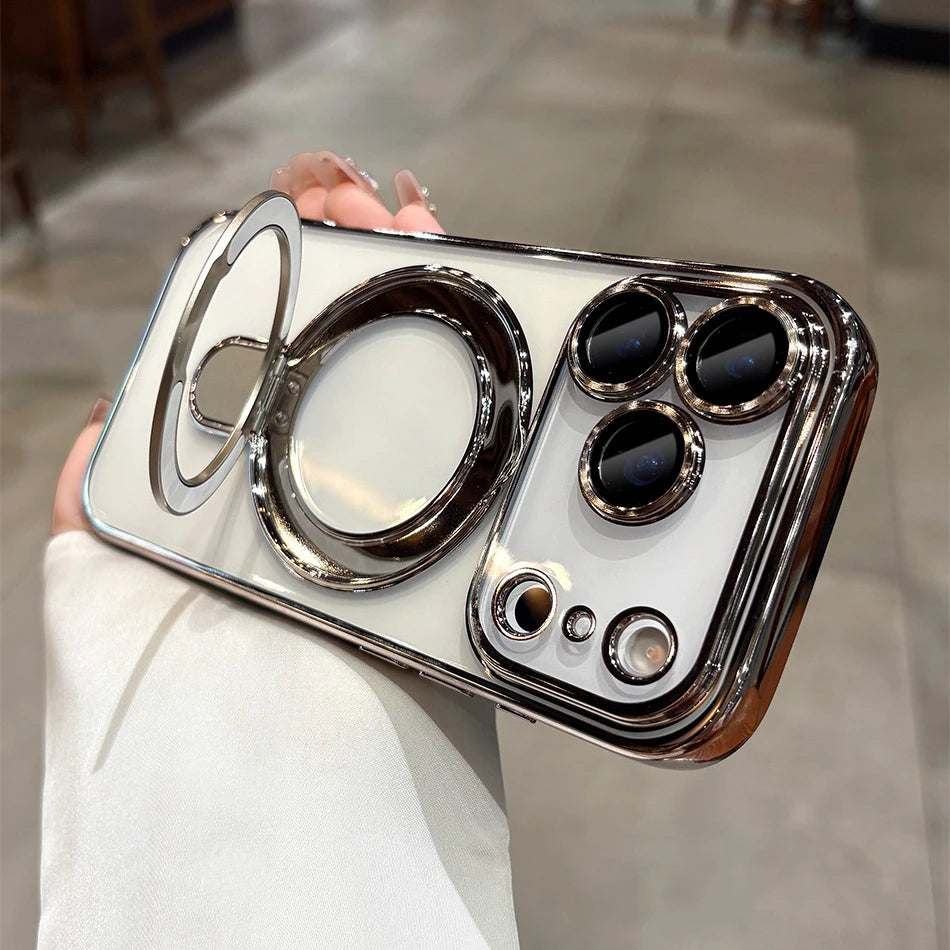 Iphone 17 Air Case Plating Magsafe Magnetic Bracket Case for iPhone 17 16 Pro 13 12 Max 15 14 16 Plus 17PRO Transparent Cove