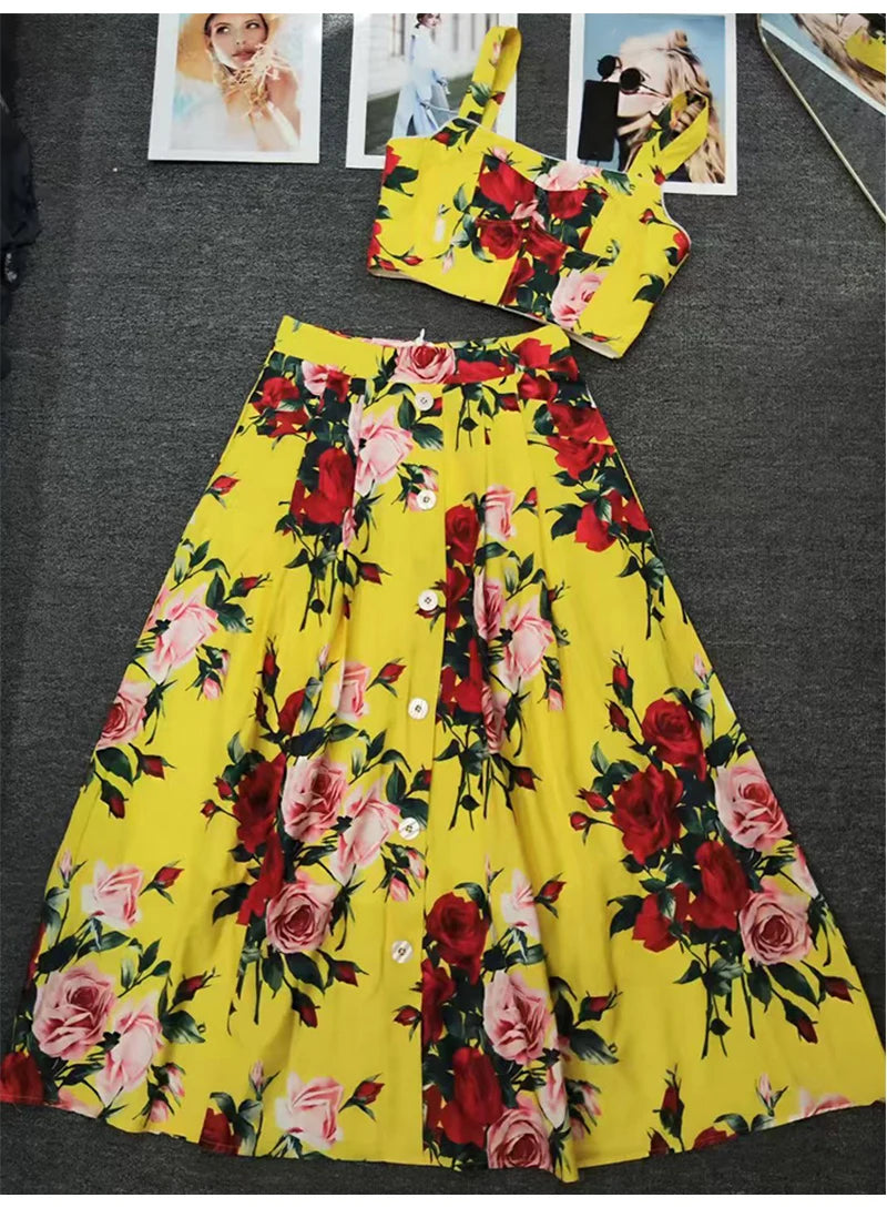 Elegant rose print sexy short tube top suspender top summer new female two-piece high waist pocket button big skirt fashion suit