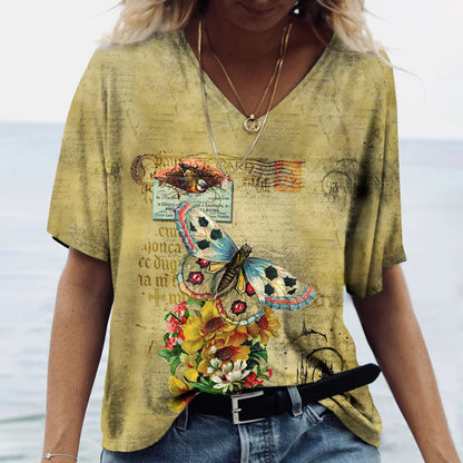 Summer Women's T-Shirt Vintage Casual Fashion V Neck Pullover Short Sleeve Butterfly Print Loose Daily Tops Design Clothing