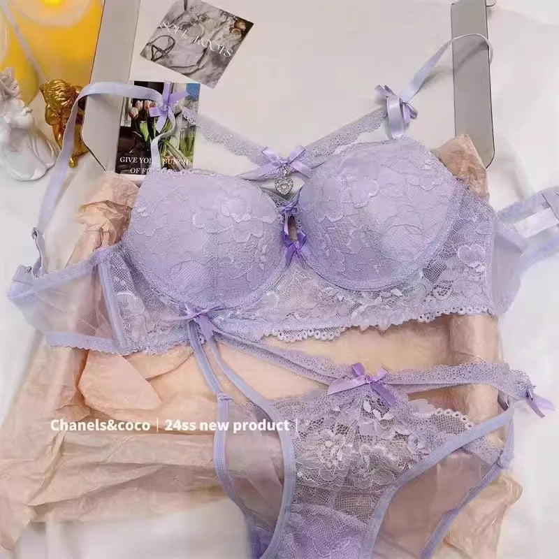 Lingerie Japanese Lace Bra Set, Heart Pendant Purple Lingerie Sexy & Pure Small Chest Push Up Bralette, Fashion Outerwear Design Enhancer
