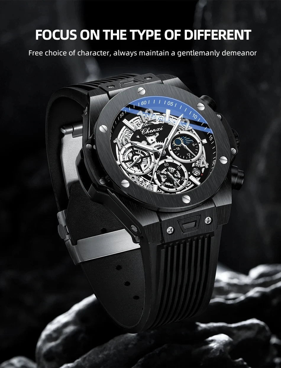 CHENXI Fashion Silicone Chronograph Watch Men Multifunctional Cool Luminous Quartz Starry Lunar Phases Timing Sport Wristwatches