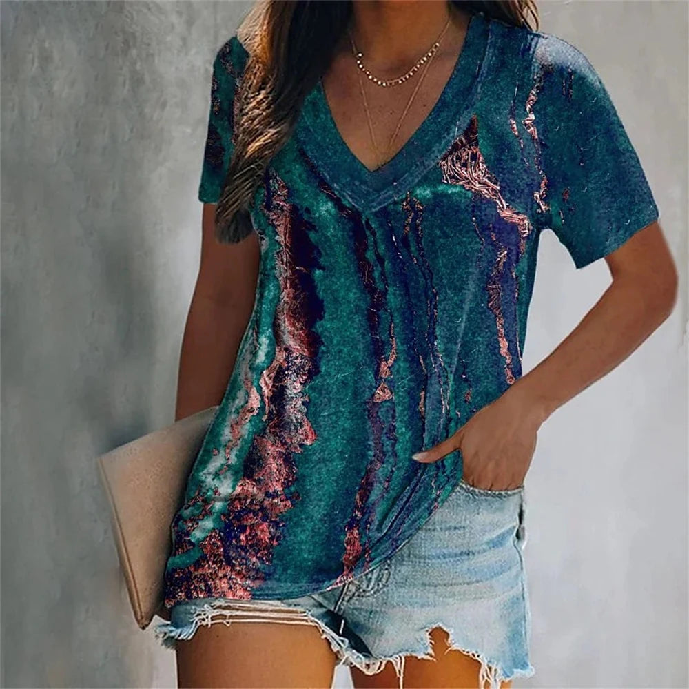 Colorful Tassels Print T-Shirt Fashion Women's Short Sleeve V-Neck T-Shirt Summer Casual Elegant Women's Large Size T-Shirt