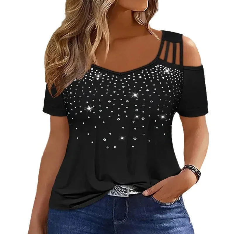 hot drill off-shoulder large size short sleeve T-shirt women's top