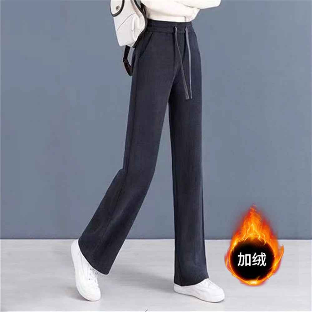 Elastic Waist Loose Casual Wide Leg Corduroy Pants Female Add Velvet Fashion All-match Trousers Women's Clothing
