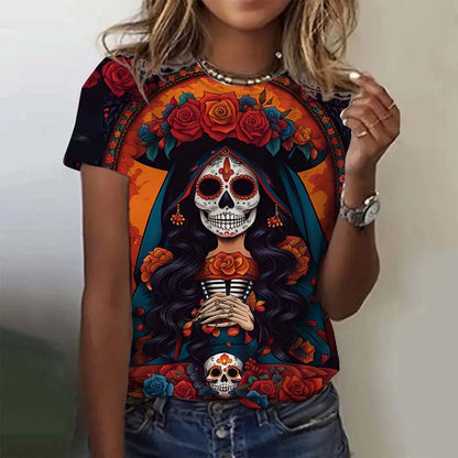 T-shirt for Girls Summer Short Sleeve Casual Sexy Girls Clothes Horror Undead Skull Pattern oversized T-shirts