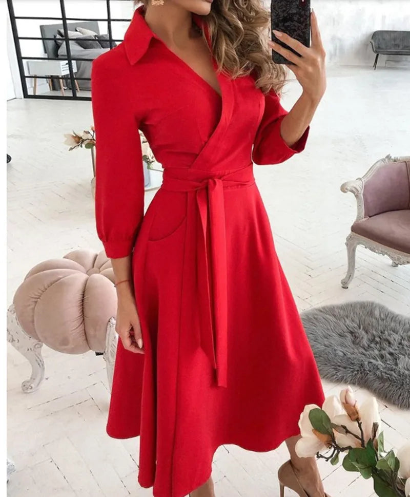 Office Ruched Dress Long-sleeved V-neck Red Black Blue Bag Hip Dress Women's Clothing Dress for Women