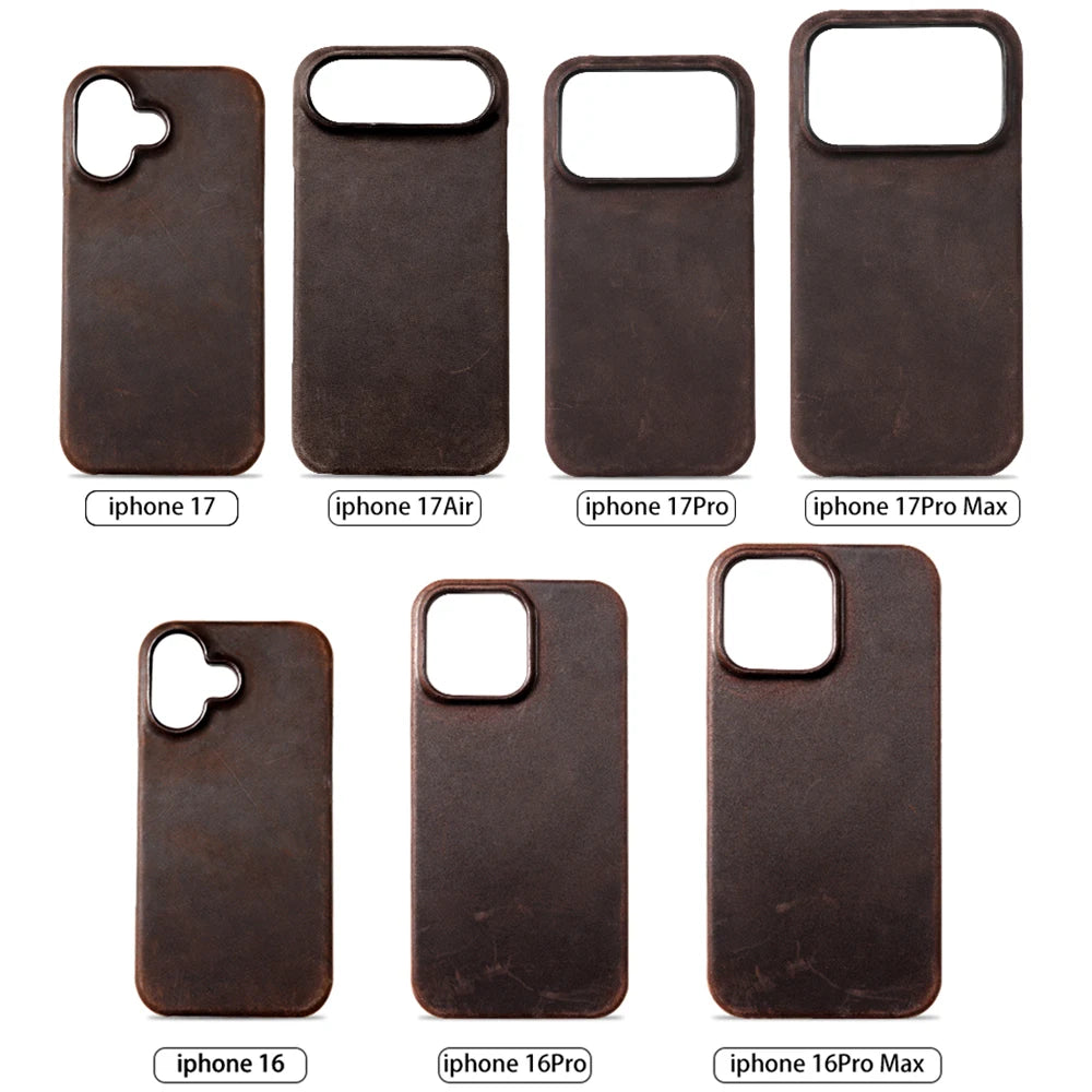 Case for iPhone 15 16 17 Pro Max 17Pro 17 Air 16Pro Retro Luxury Genuine PULL-UP Leather Magnetic Phone Back Cover