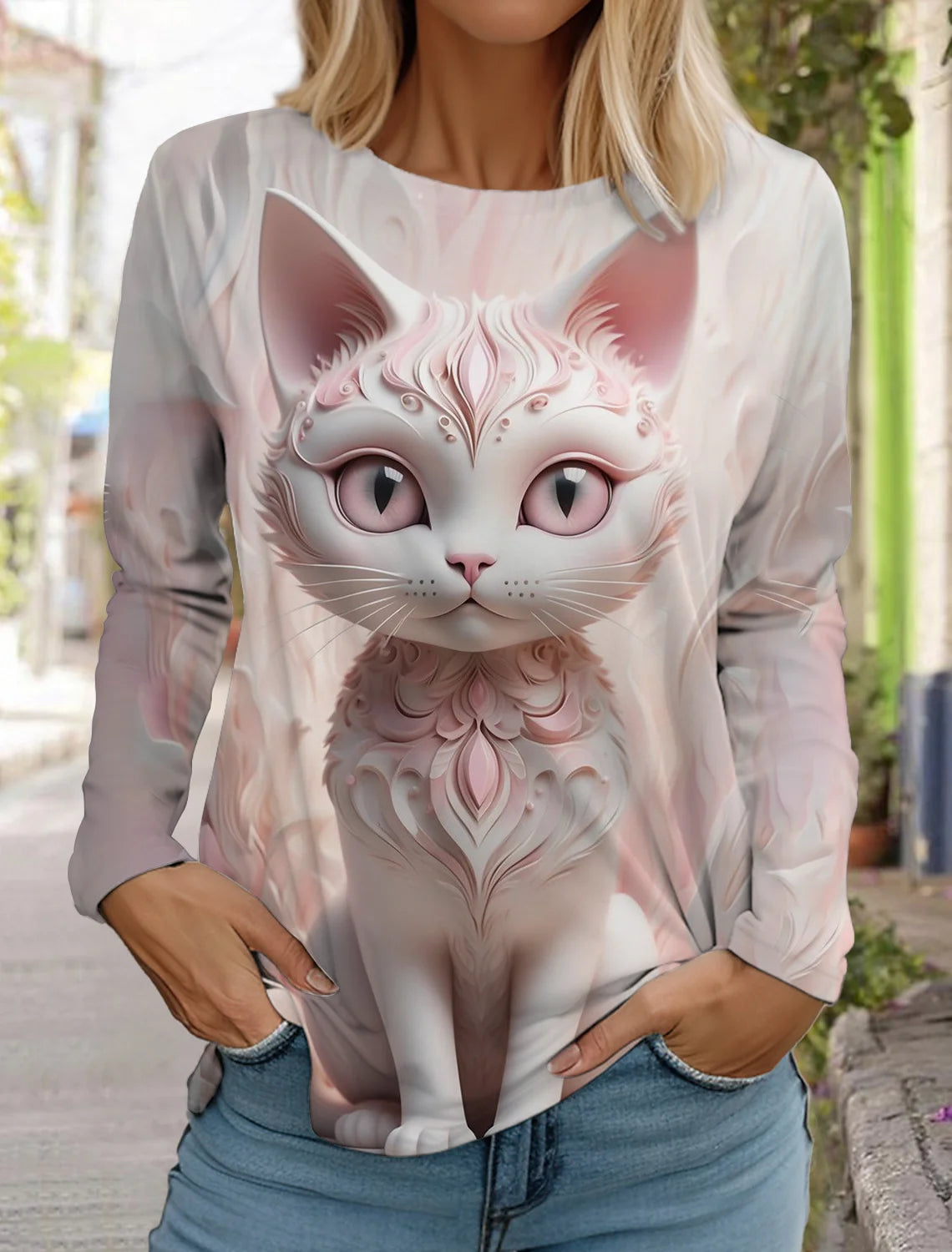 Long Sleeve 3D Printed Kitten Cute Print T-Shirt Women's Streetwear Round Neck Long Sleeve