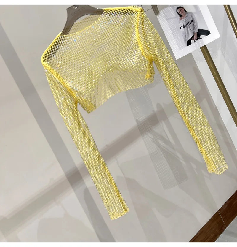 Bright diamond short top Slim thin Ms. hot drill long-sleeved T-shirt sexy leak waist nightclub