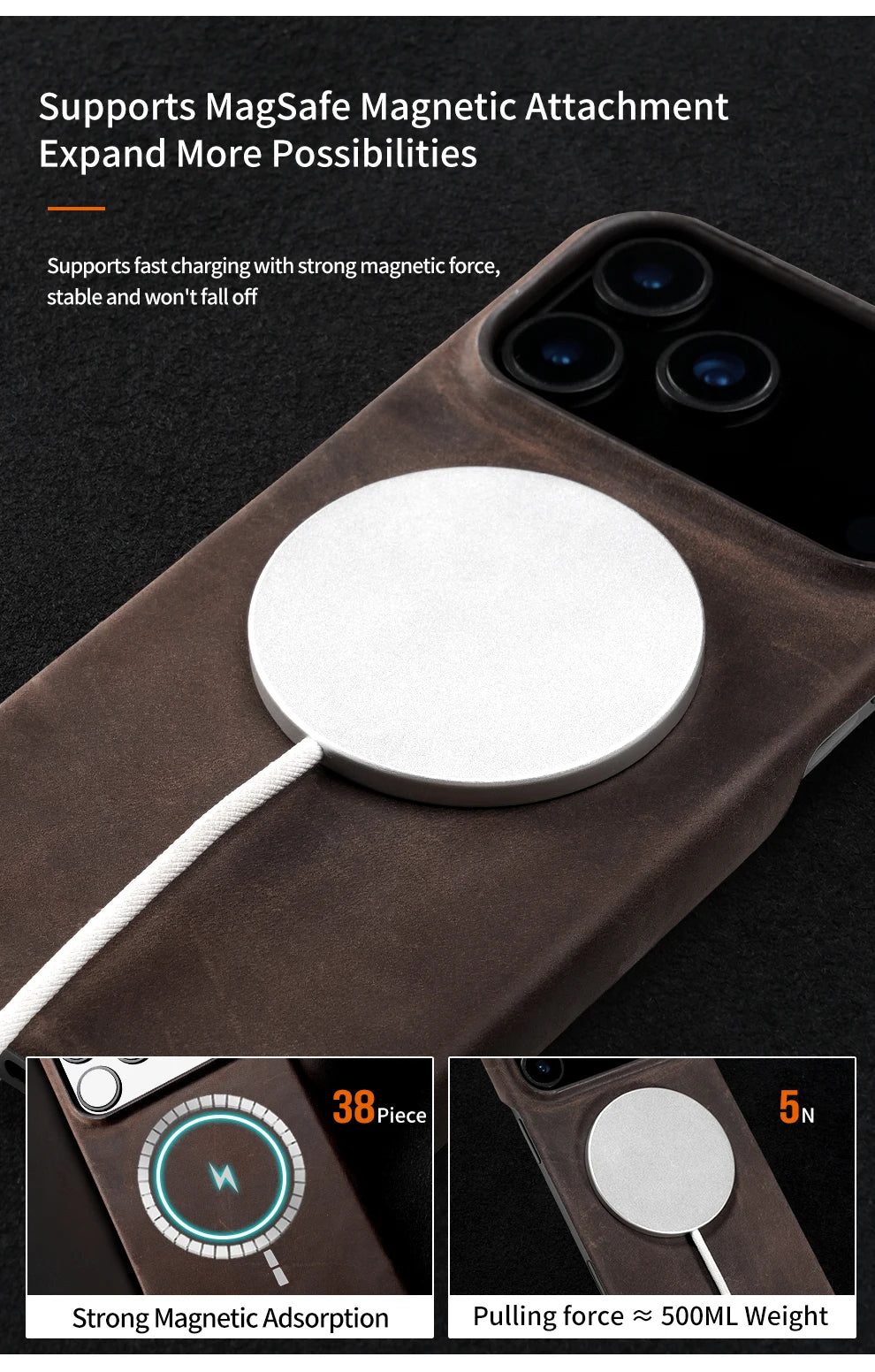 Case for iPhone 15 16 17 Pro Max 17Pro 17 Air 16Pro Retro Luxury Genuine PULL-UP Leather Magnetic Phone Back Cover