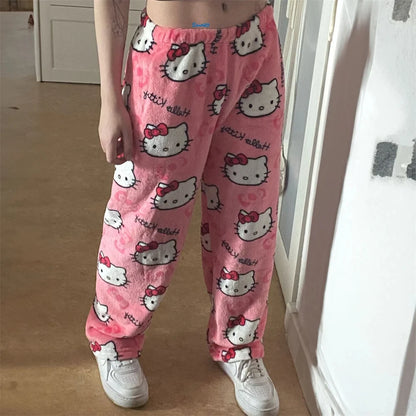 Sanrio Hello Kitty Anime Y2k Kawaii Flannel Pajamas Women'S Warm Woolen Cartoon Casual Home Pants Autumn Winter Fashion Trousers
