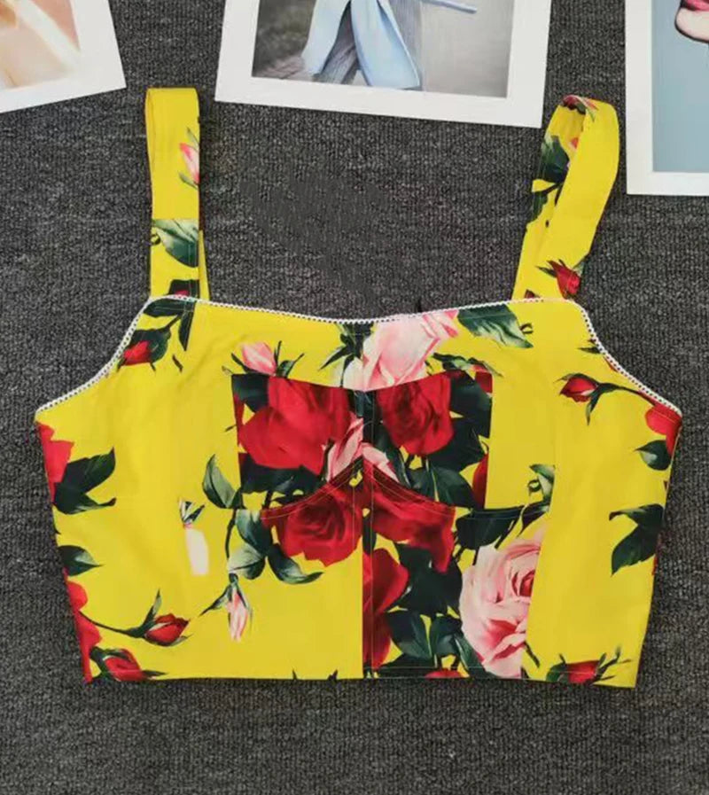 Elegant rose print sexy short tube top suspender top summer new female two-piece high waist pocket button big skirt fashion suit