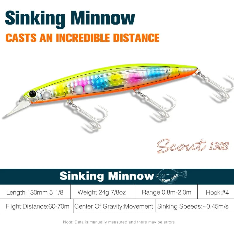 Sinking Minnow Fishing Lure SCOUT 130mm 24g Long Casting Seabass Flounder Artificial Large Sea Fishing Hard Baits