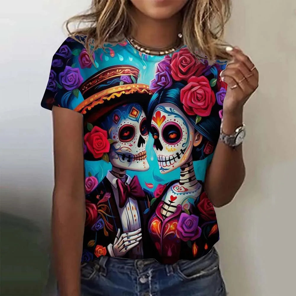 T-shirt for Girls Summer Short Sleeve Casual Sexy Girls Clothes Horror Undead Skull Pattern oversized T-shirts