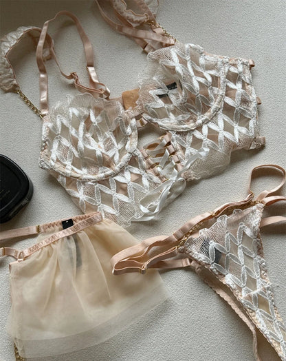 Embroidered Flying Sleeve Outer Lingerie Sexy Fishbone Corset Long Vest Style Bra Set of Three Women Underwear