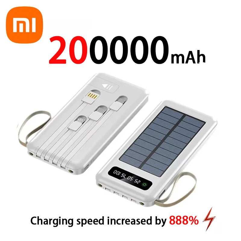 200000mAh Solar Power Bank Large Capacity Mobile Power Fast Charging Battery With Dual USB 4 Cables For iPhone Samsung