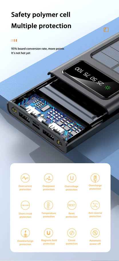 Solar Power Bank 500000mAh Large Capacity Mobile Power Fast Charging Battery With Dual USB 4 Cables For iPhone Samsung