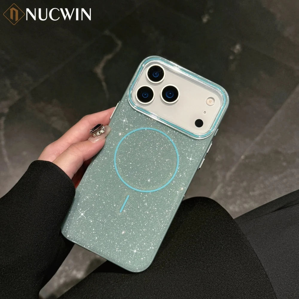 Luxury Glitter Bling Ultra Thin Phone Case For iPhone 17 16 15 14 Plus 17 Pro Max Magsafe Wireless Charge Shockproof Hard Cover