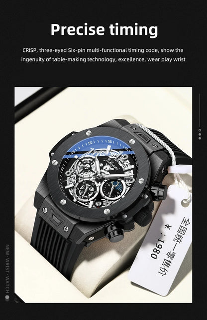 CHENXI Fashion Silicone Chronograph Watch Men Multifunctional Cool Luminous Quartz Starry Lunar Phases Timing Sport Wristwatches