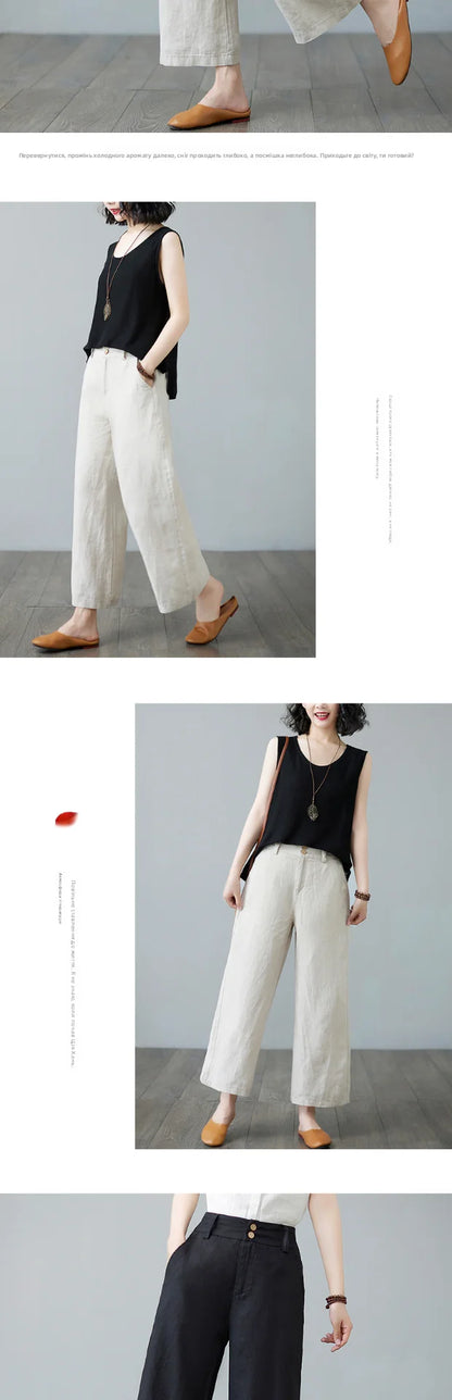 High Waist Wide Leg Cotton Linen Workwear Pants Women Loose Casual Straight Long Trousers Summer Faion plus Size All Match