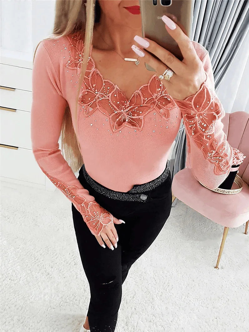 Women's T-Shirt Clothes New Solid Color Collar and Cuffs Splicing Lace Lace Rhinestone Long-sleeved T-shirt Tops Female