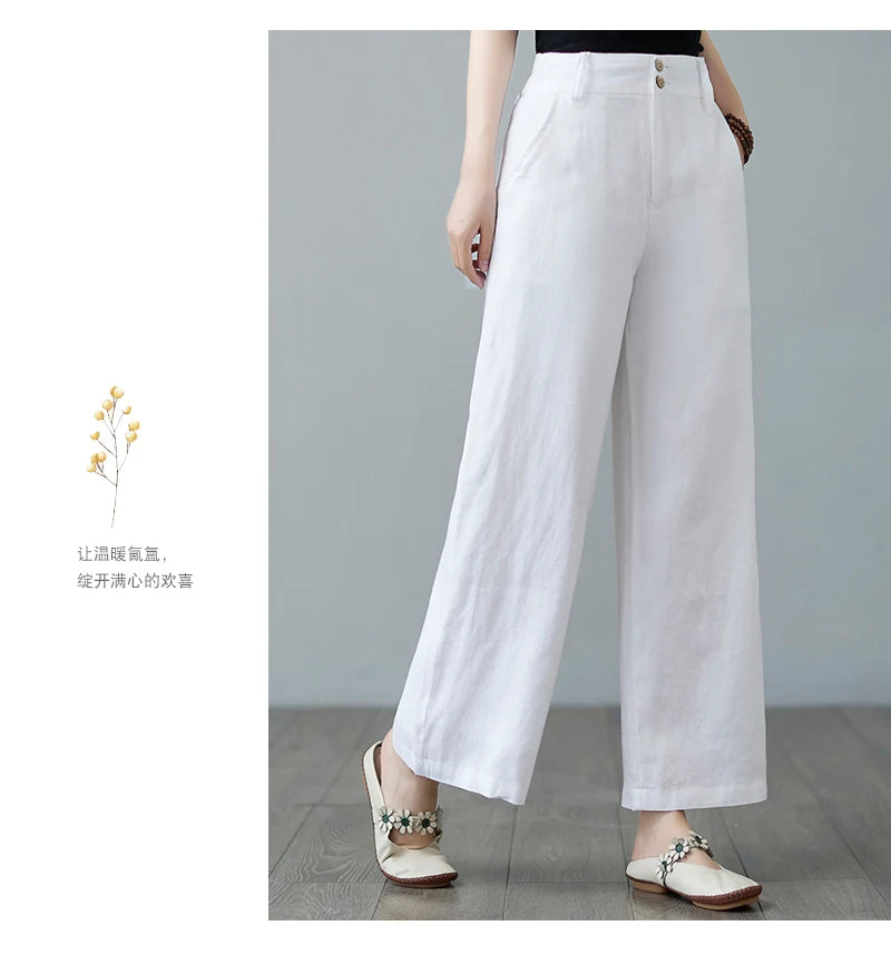 High Waist Wide Leg Cotton Linen Workwear Pants Women Loose Casual Straight Long Trousers Summer Faion plus Size All Match