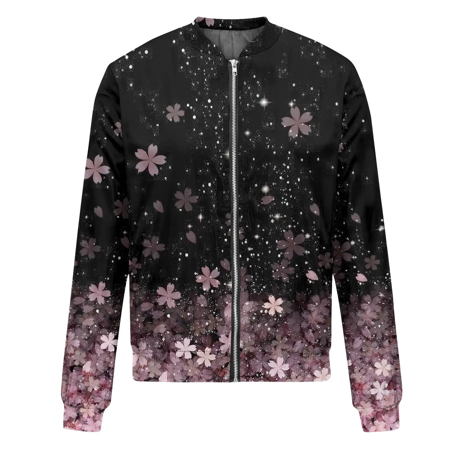 Women Elegant Zipper Bomber Jackets Spring Autumn Floral Printed Jackets Casual Coat Retro Outwear  Round Neck Zipper Jackets