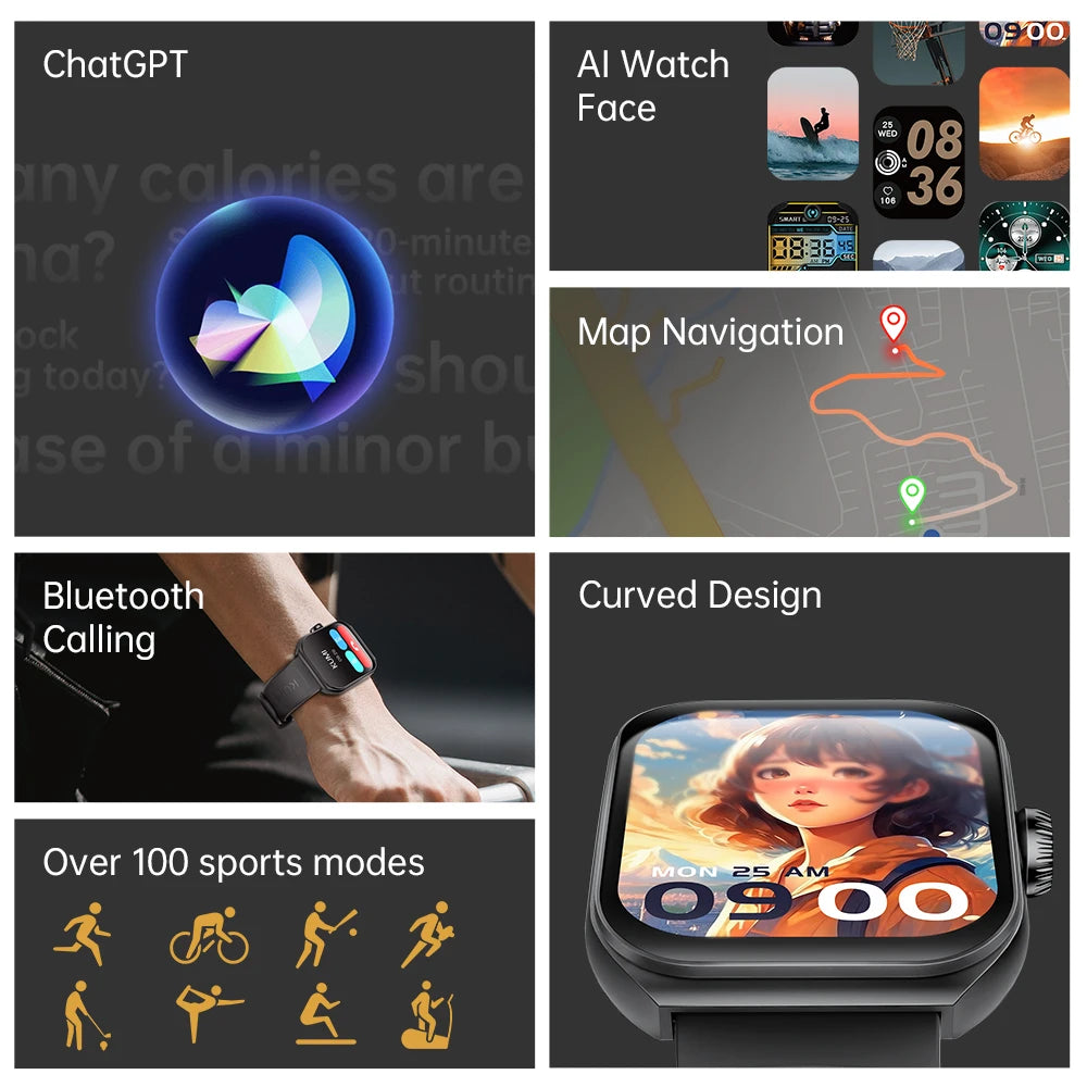 KUMI KU7 Smart watch 1.96" Amoled screen IP68 Waterproof 100+Sport Modes  Bluetooth Call Health Sleep Monitoring