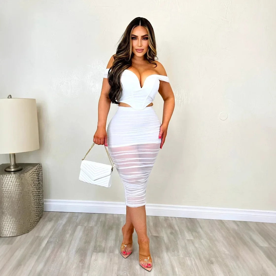 Slimming Mesh Splice Bum Covering Visibility Elastic Off-Shoulder 2-Piece Set European And American Style