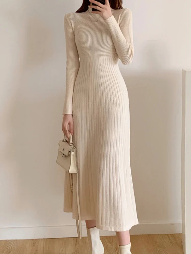Slim Long Sleeve Party Midi Dress for Women Knitted Half High Collar Elegant Knitted Sweater Dresses Ladies
