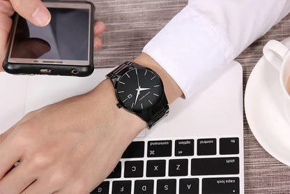 Hannah Martin Men's Stainless Steel Watch Fashion Business Style Black Minimalist Style 3Bar Waterproof Quartz Movement Watches