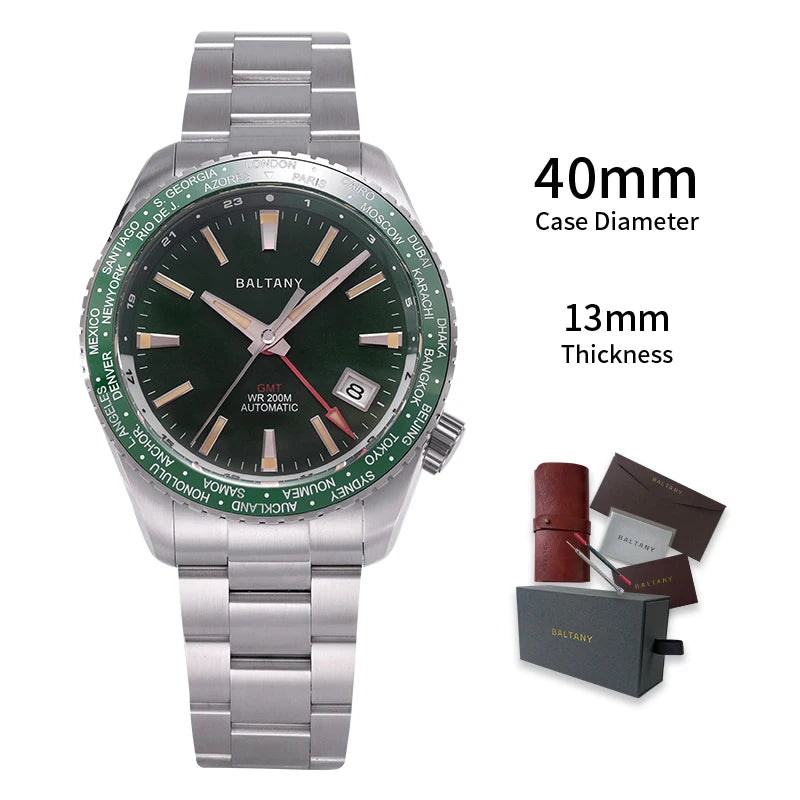 Baltany 2025 New Nh34 Gmt Men's Mechanical Watch 40Mm Sapphire Luminous C3 Stainless Steel Waterproof Sports 20Bar Watches for M