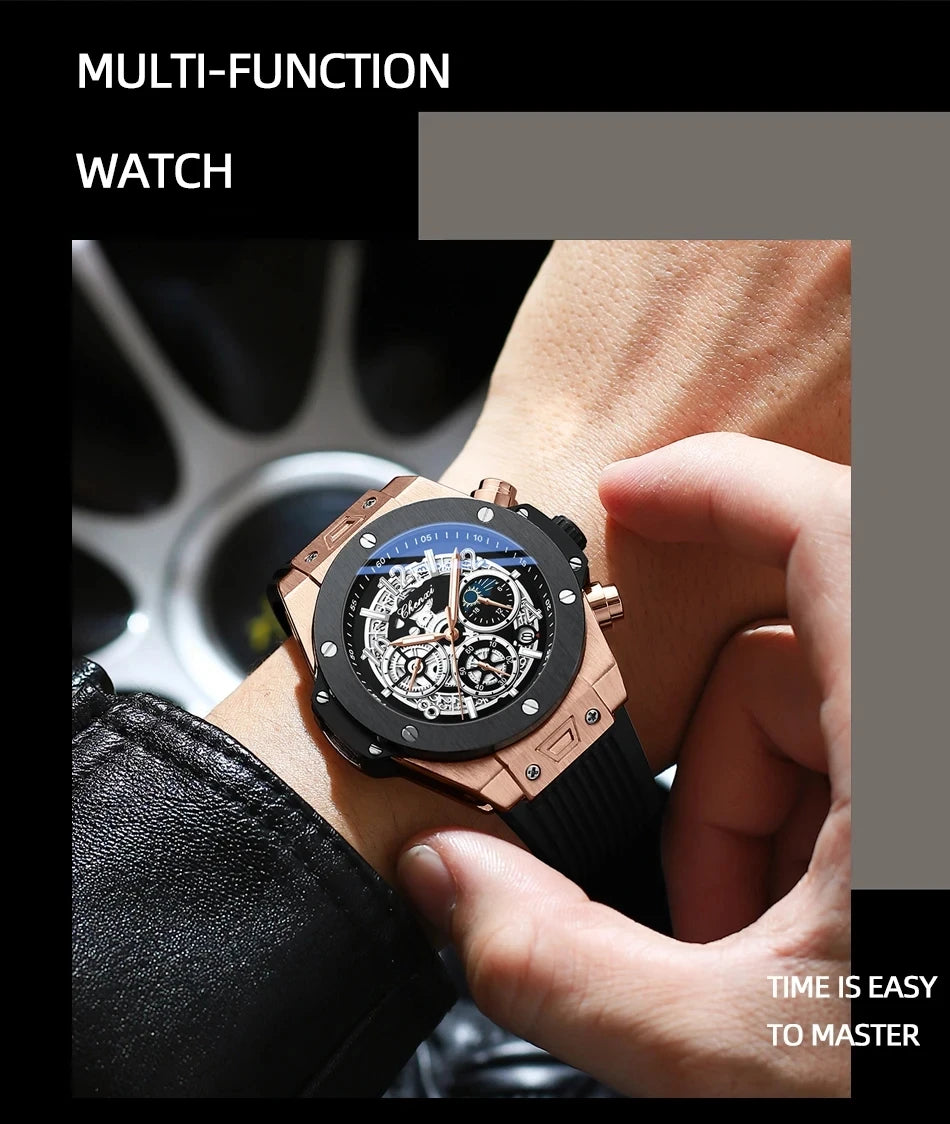 CHENXI Fashion Silicone Chronograph Watch Men Multifunctional Cool Luminous Quartz Starry Lunar Phases Timing Sport Wristwatches