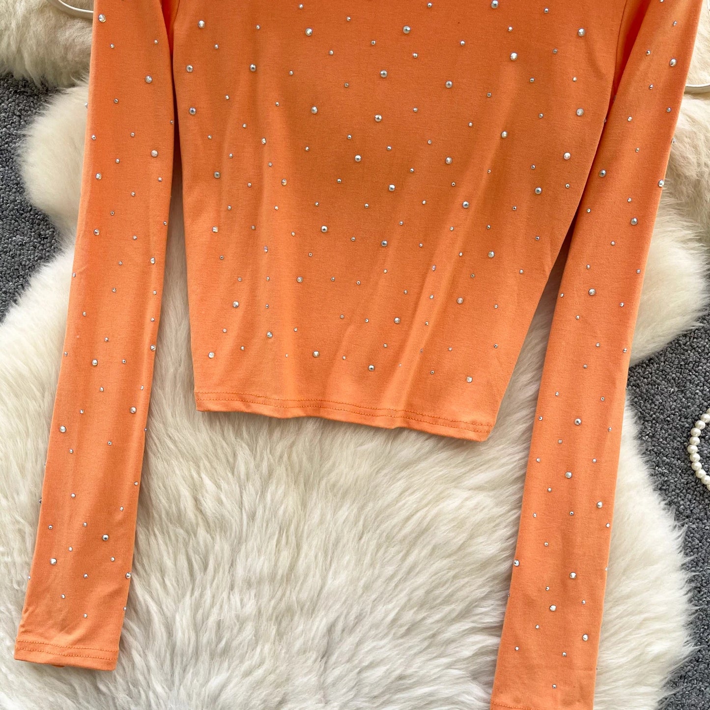 Long Sleeves Hotsweet O-neck Fashion Rhinestone Slim Top French Streetwear Sexy High Street Autumn Winter Women T-Shirts