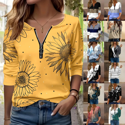 Summer new fashion 2025 women's casual long-sleeved printed T-shirt