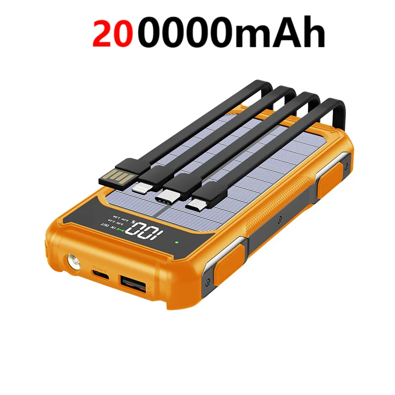 200000mAh Large Capacity Solar Power Bank 4 in 1 Built in Cable  Fast Charging Digital Display Battery LED Light For iPhone NEW