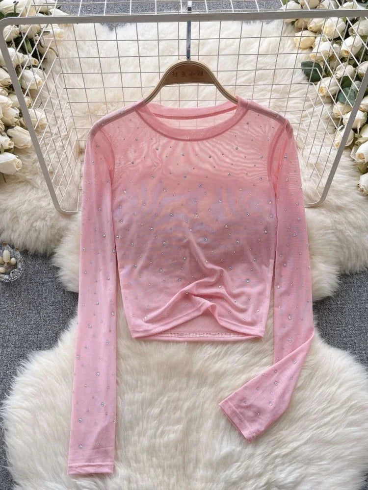 T-shirts Women Cropped Sequins Slim Sheer Solid Spring Summer Sexy Style Cozy Thin O-neck Clubwear European