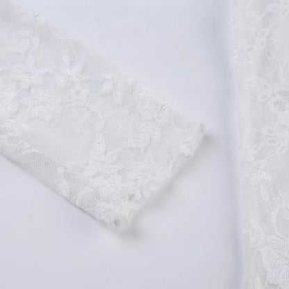 Lace Blouse Shirts Summer Women Turtleneck Long Sleeve See Through Lace Patchwork Thin Tops