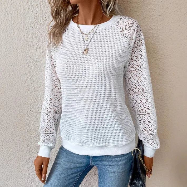 Solid Color Lace Long Sleeve Hollow Neck Casual Women's T-Shirt Top