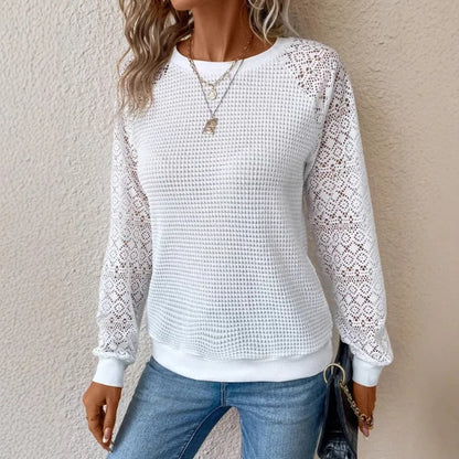 Solid Color Lace Long Sleeve Hollow Neck Casual Women's T-Shirt Top
