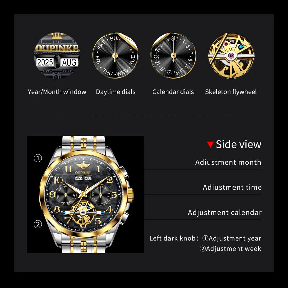 OUPINKE 3263 Automatic Mechanical Watch Multifunctional Dial Auto Date Waterproof Night light Watch Original Brand