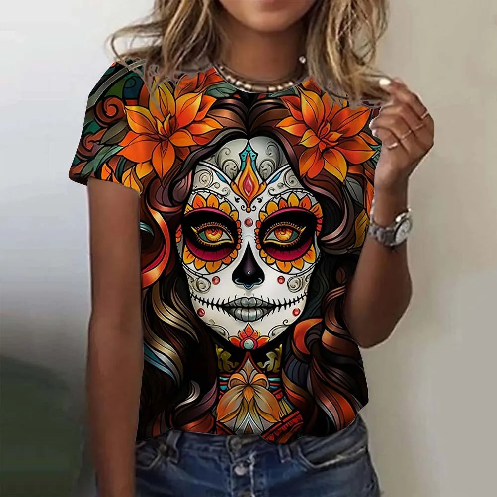 T-shirt for Girls Summer Short Sleeve Casual Sexy Girls Clothes Horror Undead Skull Pattern oversized T-shirts