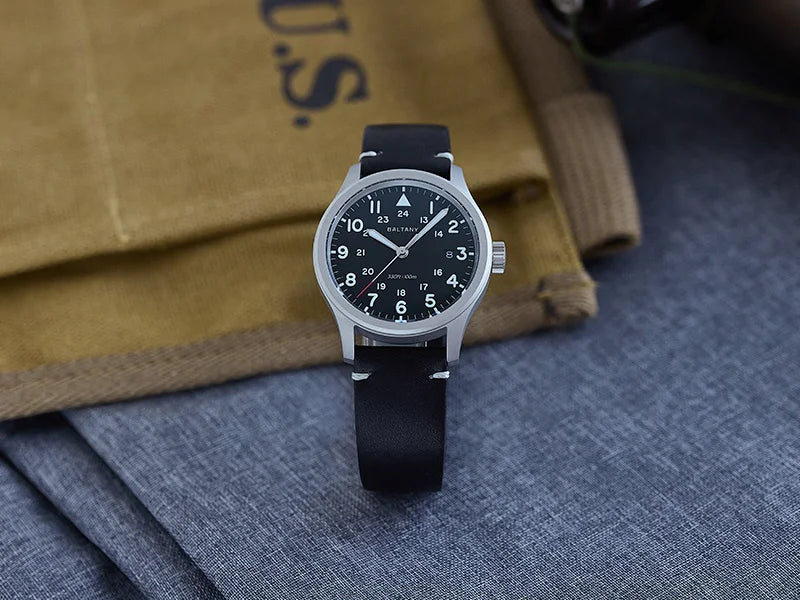 Baltany Men Quartz Field Watch S2082 10-Year Life Battery Luminous Leather Sapphire Stainless Steel Date Retro Military Watches