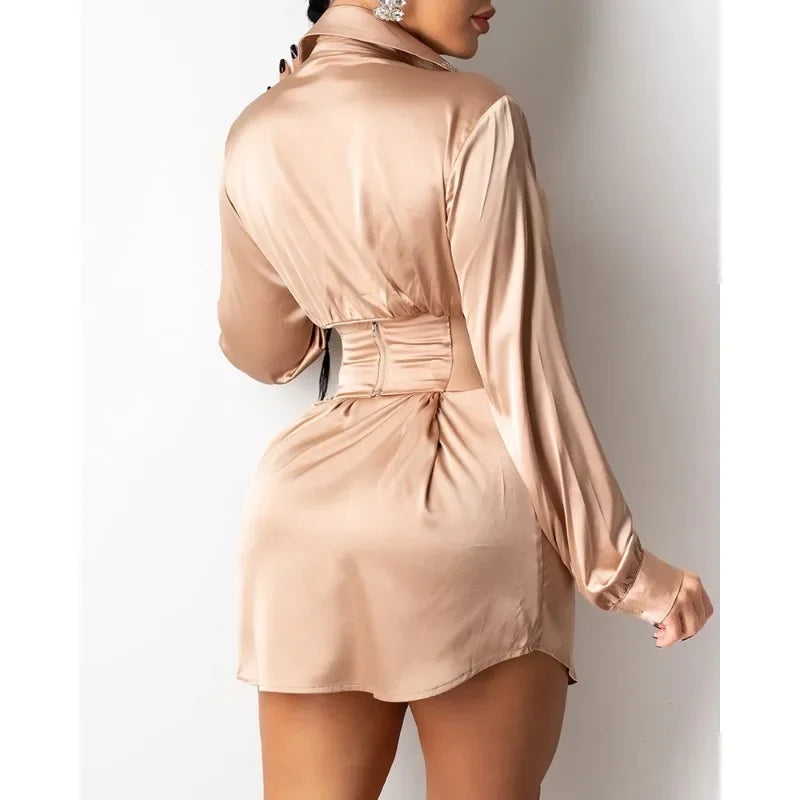 High Waist Bandage Mini Dress Spring Summer New Dress Shirt Women's Sexy Long Sleeve Turn-down Collar Dress