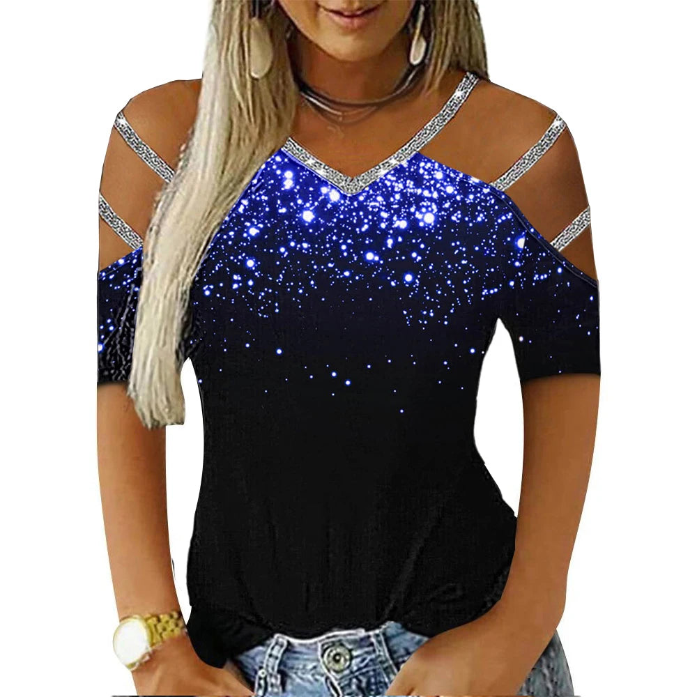 Women Glitter Short Sleeve V Neck T Shirt Ladies Casual Cold Shoulder Blouse Tops Clothing