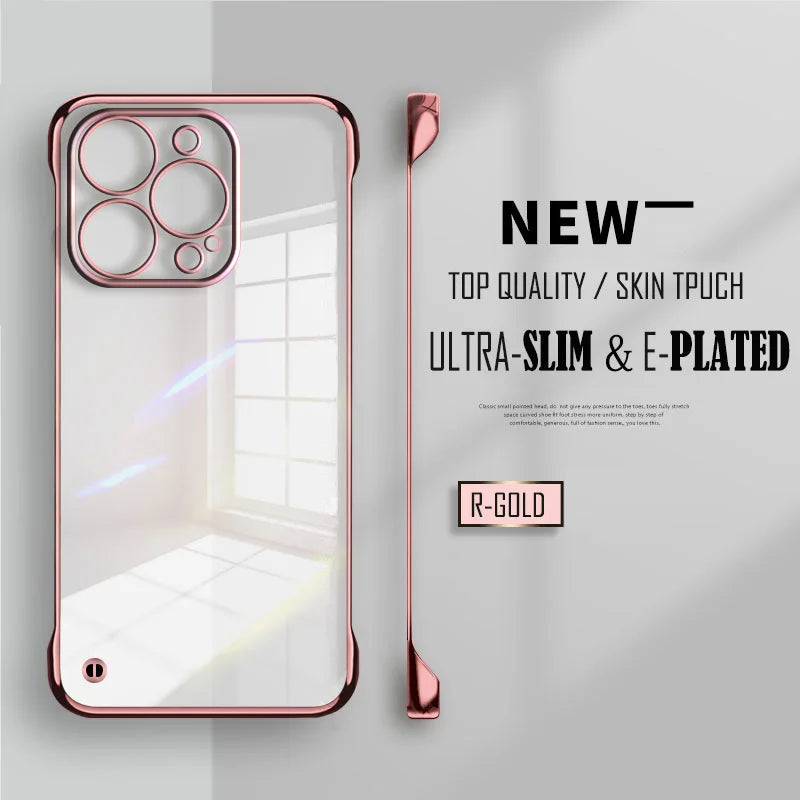Plated Clear Slim Frameless Phone Case For iPhone 17 Air 16 15 14 Pro Max 16e 16Pro 16 Plus Plating Transparent Back Cover