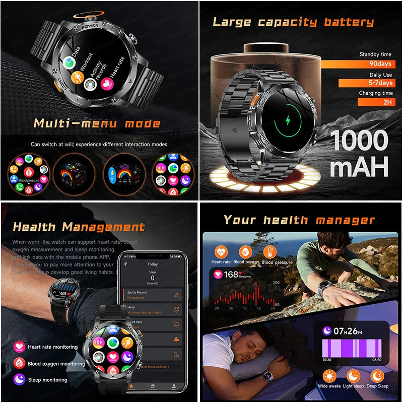 T-REX3 1000mAh Big Battery Smart Watch HD Bluetooth Call 1.7inch Large Sceen LED Flashlight Sports Waterproof Smartwatch Men