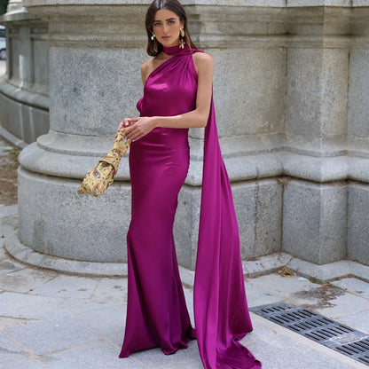 Elegant Ribbon Halter Dress Women Solid Off Shoulder Sleeveless Backless Slim Maxi Dresses 2025 Summer Autumn Party Robes Lady