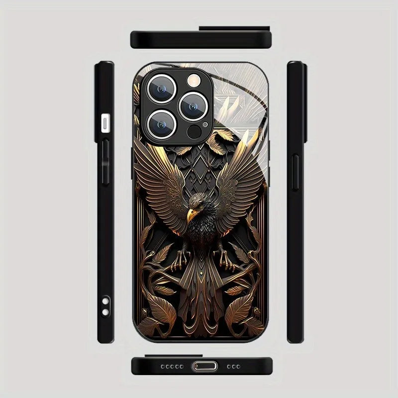 IPhone Case For iPhone 17 Pro Max 11 12 13 14 15 16 Pro 17Air 16E 7 8 16 Plus XR XS X Luxury Eagle Pattern Tempered Glass Cover